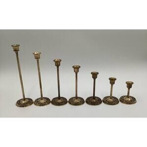 Brass MCM graduated candle holders PWF taiwan filigree base design set of 7